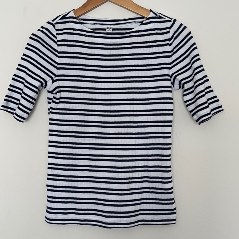 NEW! XS STRIPED RIBBED BOATNECK HALF SLEEVE TSHIRT